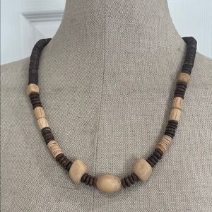 Vintage Beaded Necklace wood natural tribal surfer earthtones 23”